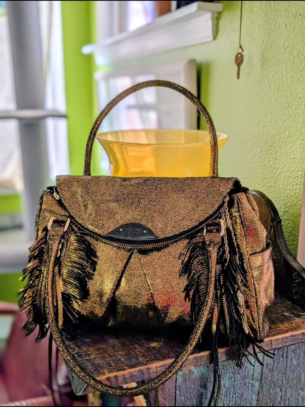 Botkier Metallic Gold Fringe Satchel Handbag